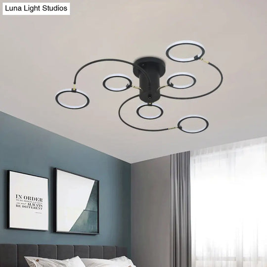 Modern Black/Gold Swirl Semi Flush Mount Led Ceiling Fixture With Rings - Bedroom Lighting Black