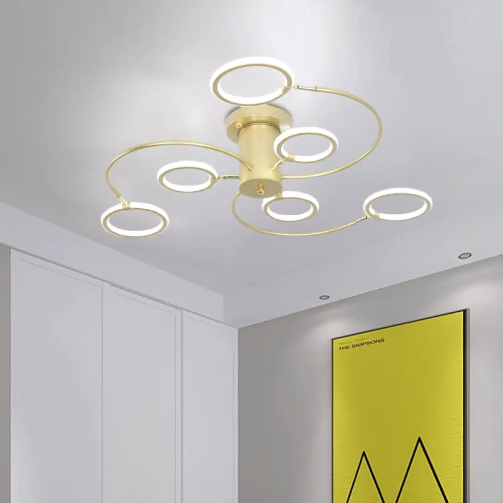 Modern Black/Gold Swirl Semi Flush Mount Led Ceiling Fixture With Rings - Bedroom Lighting Gold