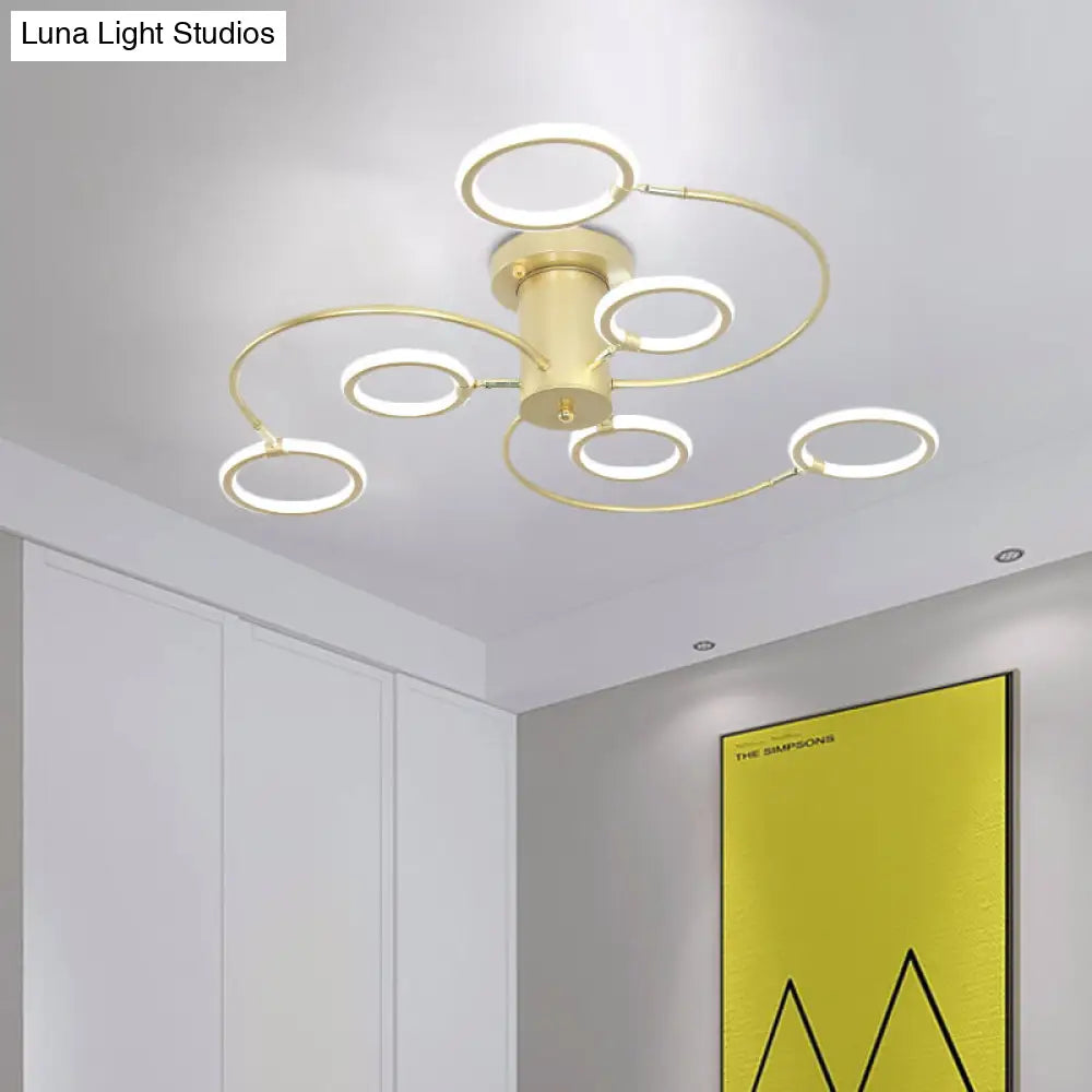 Modern Black/Gold Swirl Semi Flush Mount Led Ceiling Fixture With Rings - Bedroom Lighting Gold