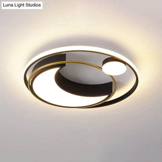 Modern Black/Gold Waxing Moon Flush Mount Light - Acrylic Led Ceiling Lighting With Orbital Side