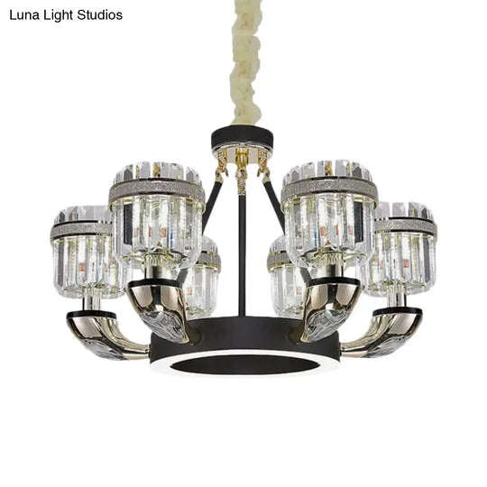 Modern Black Hoop Chandelier With Crystal Prisms Shade - 6 Bulb Living Room Pendant Lighting