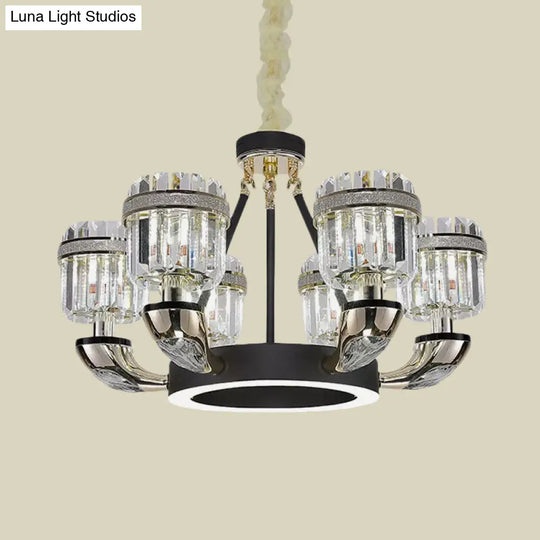 Modern Black Hoop Chandelier With Crystal Prisms Shade - 6 Bulb Living Room Pendant Lighting