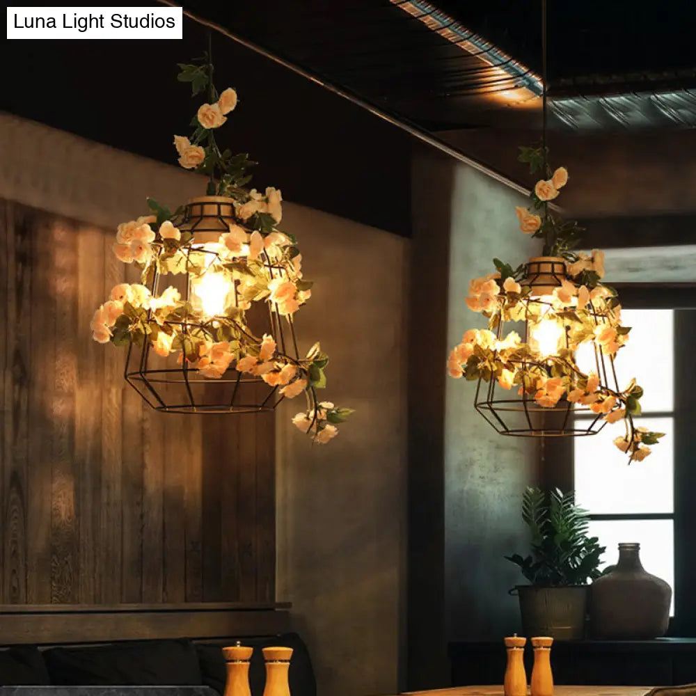 Modern Black Iron Pendant Light With Hanging Flower Jar Design Ideal For Restaurants And
