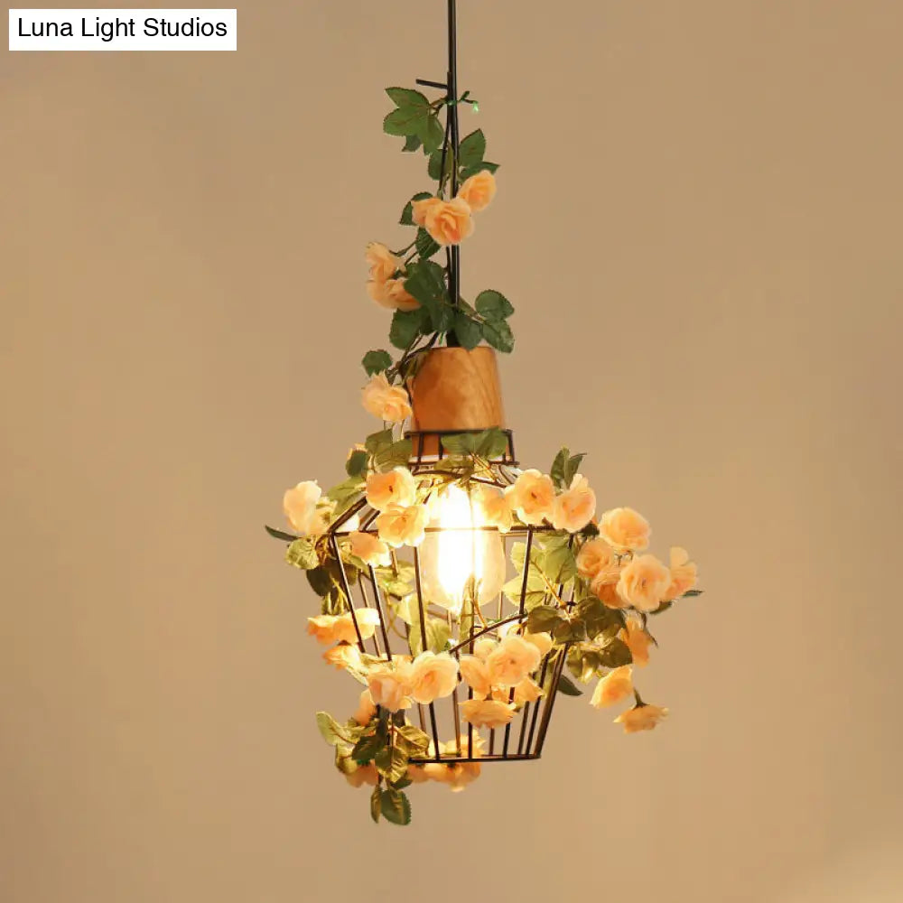 Modern Black Iron Pendant Light With Hanging Flower Jar Design Ideal For Restaurants And