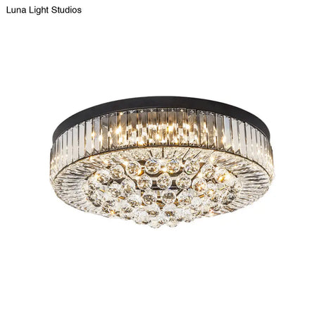 Modern Black Led Crystal Block Drum Ceiling Light Stepless Dimming 3 Color + Remote Control