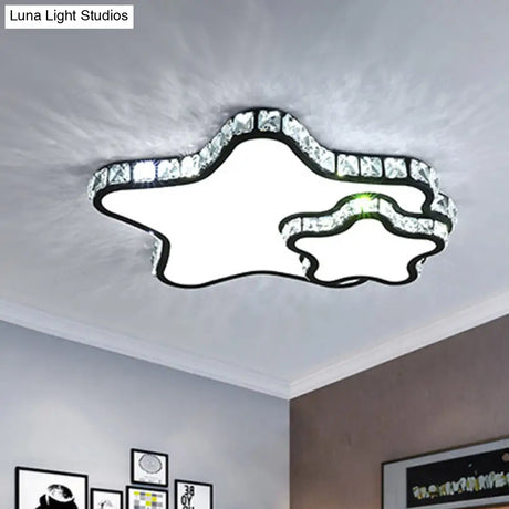 Modern Black Led Flush Ceiling Light With Clear Crystal Double Star Design