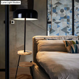 Modern Black Metal Floor Lamp With Wood Shelves - 2 Bulb Bowl Shade Light