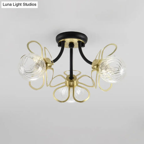 Modern Black Metal Floral Flush Mount With Clear Glass Shade - 3 Lights
