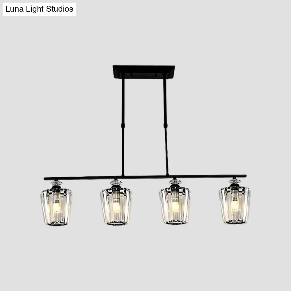 Modern Black Metal Island Chandelier With Cylindrical Crystal Shade - 3/4 Heads