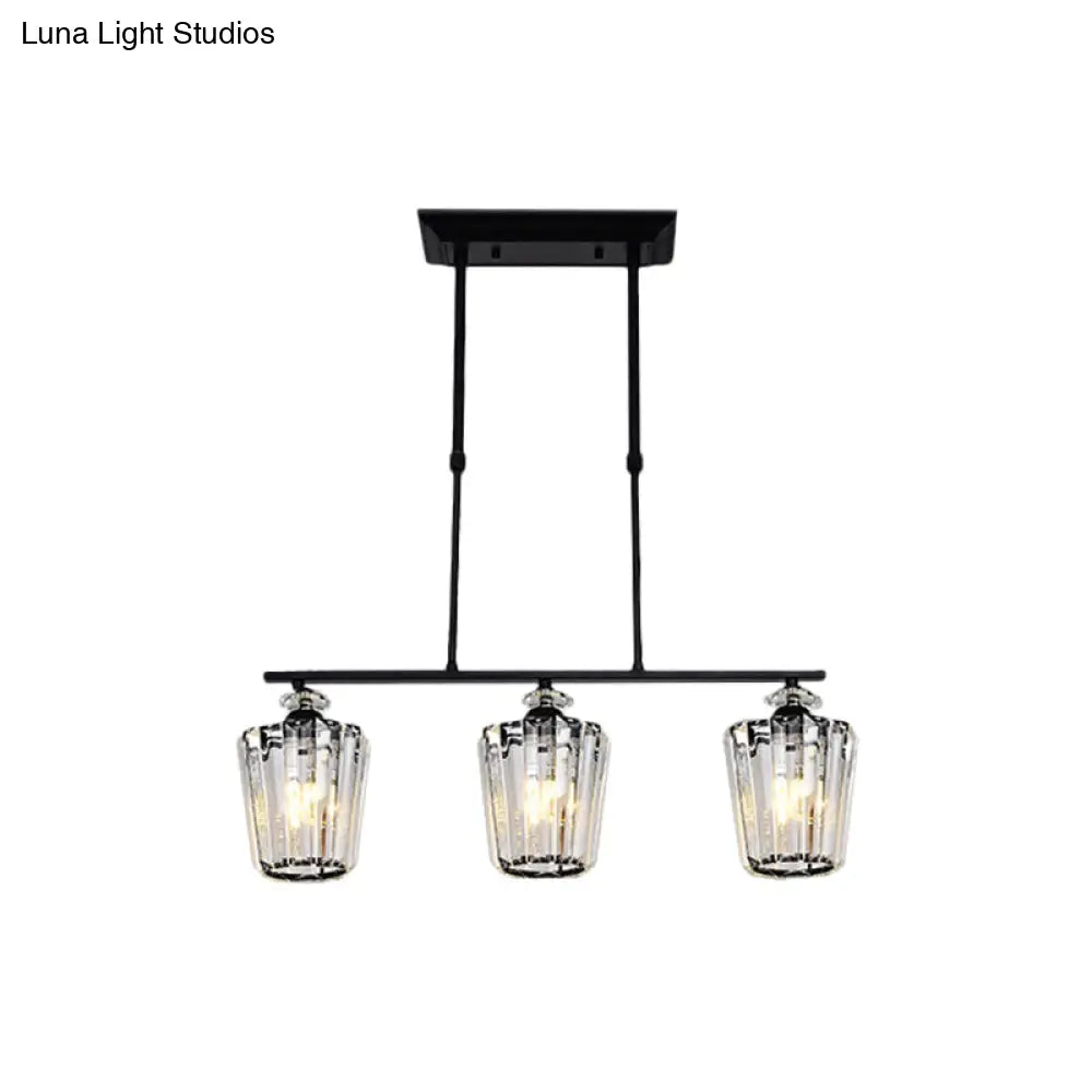 Modern Black Metal Island Chandelier With Cylindrical Crystal Shade - 3/4 Heads