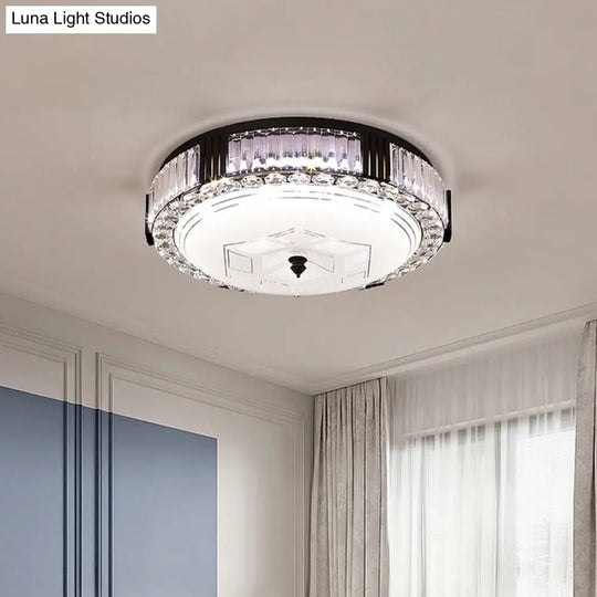 Modern Black Metal Led Flush Mount Bedroom Lamp With Crystal Accent / C