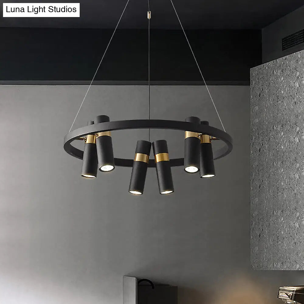 Round Metal Pipe Pendant Chandelier - Black Finish 6/9 Heads Bedroom Ceiling Light