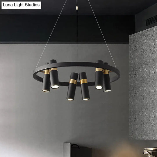 Round Metal Pipe Pendant Chandelier - Black Finish 6/9 Heads Bedroom Ceiling Light