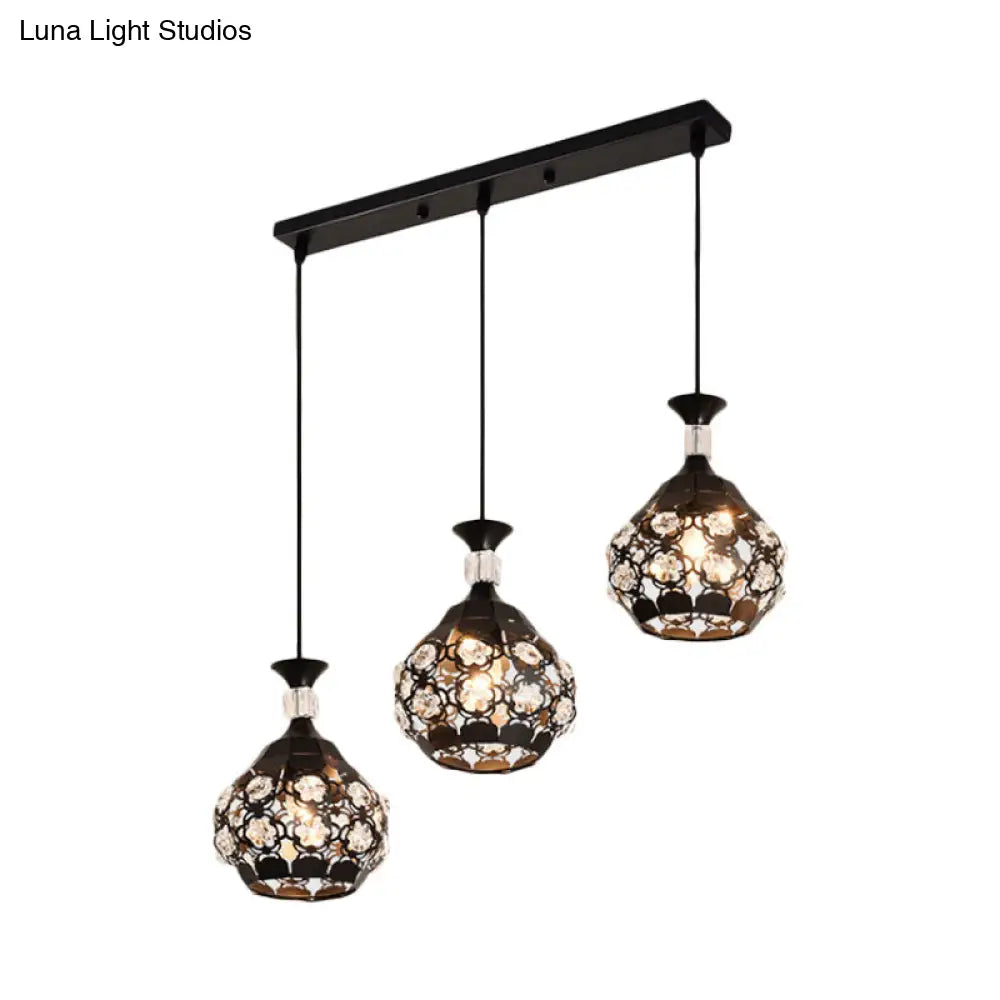Modern Black Onion Pendant Light With Laser-Cut Design Crystal Accents And 3 Bulbs