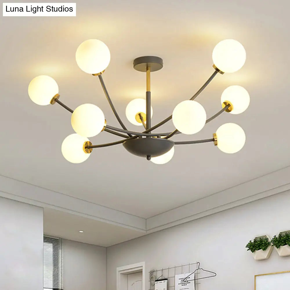 Modern Black Orb Semi Flushmount Light With 10 Bulbs & White Glass Led Sputnik Ceiling Mount