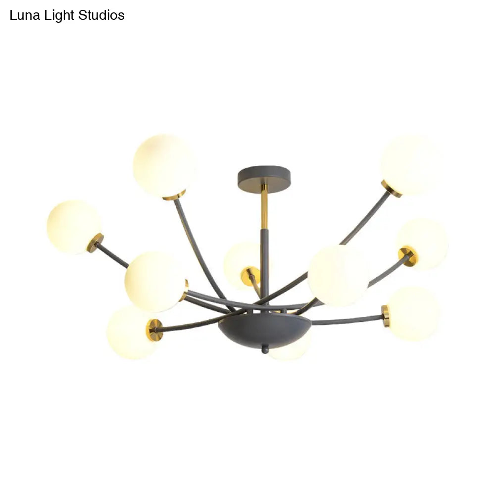 Modern Black Orb Semi Flushmount Light With 10 Bulbs & White Glass Led Sputnik Ceiling Mount