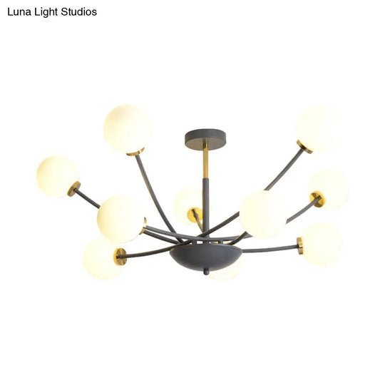 Modern Black Orb Semi Flushmount Light With 10 Bulbs & White Glass Led Sputnik Ceiling Mount
