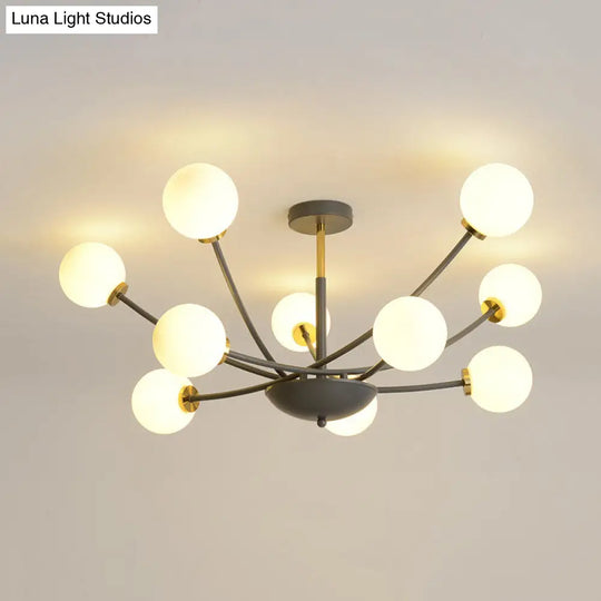 Modern Black Orb Semi Flushmount Light With 10 Bulbs & White Glass Led Sputnik Ceiling Mount