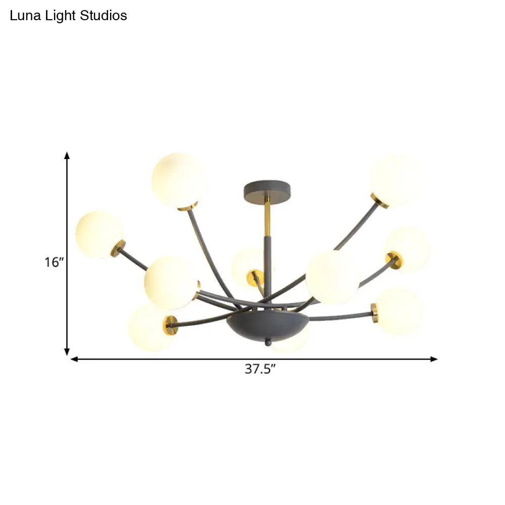 Modern Black Orb Semi Flushmount Light With 10 Bulbs & White Glass Led Sputnik Ceiling Mount