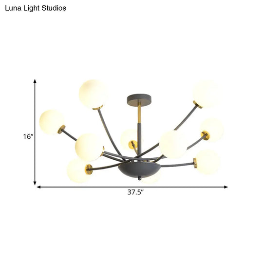 Modern Black Orb Semi Flushmount Light With 10 Bulbs & White Glass Led Sputnik Ceiling Mount