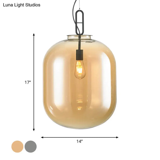 Modern Black Ovale Ceiling Pendant Light Fixture - 1 Bulb Smoke Grey/Amber Glass Sizes 9.5/14/17