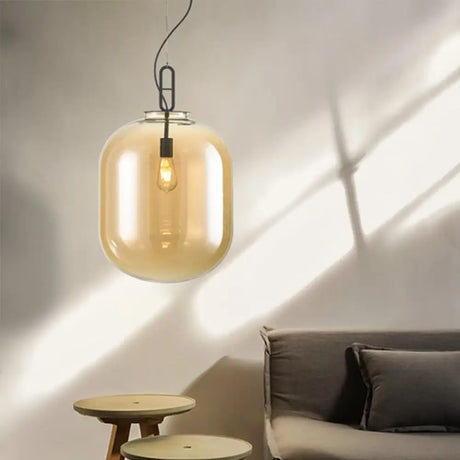 Modern Black Ovale Ceiling Hanging Light With Smoke Grey/Amber Glass Pendant - 1 Bulb Lighting