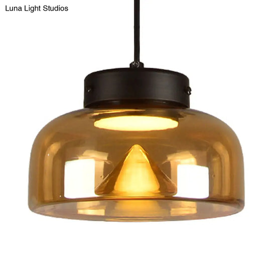 Postmodern Black Pendant Lamp With Amber Glass Bowl Shade & Bedside Led Down Lighting