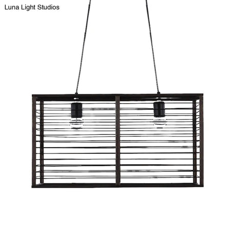 Modern Black Rectangle Cage Island Pendant Light - 16/19.5 W 2-Light Bamboo Suspension Lamp For