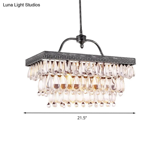 Modern Black Rectangle Island Lighting Fixture With Clear Crystal 4/8 Lights Hanging Lamp