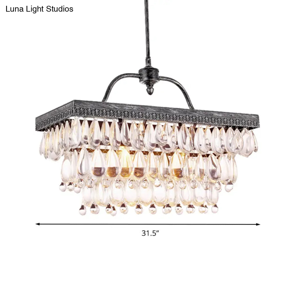 Modern Black Rectangle Island Lighting Fixture With Clear Crystal 4/8 Lights Hanging Lamp