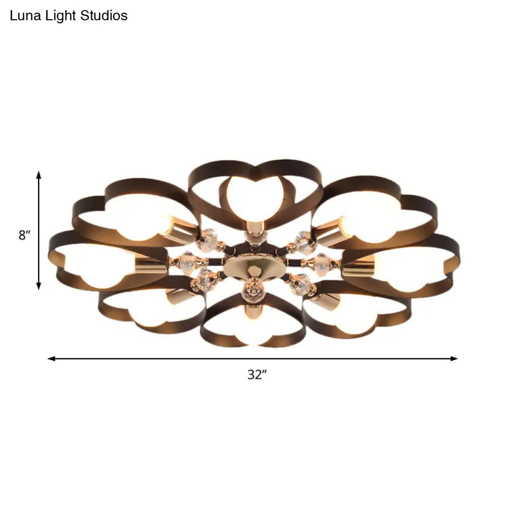 Modern Black Semi Flush Mount Ceiling Lamp With Heart Shade Crystal Ball - 3/6 Heads