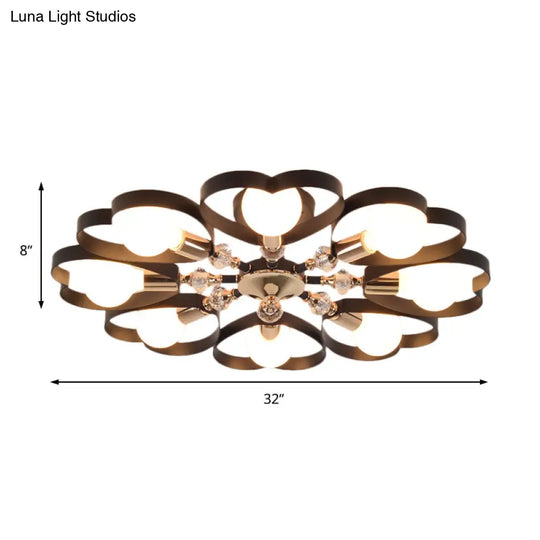 Modern Black Semi Flush Mount Ceiling Lamp With Heart Shade Crystal Ball - 3/6 Heads