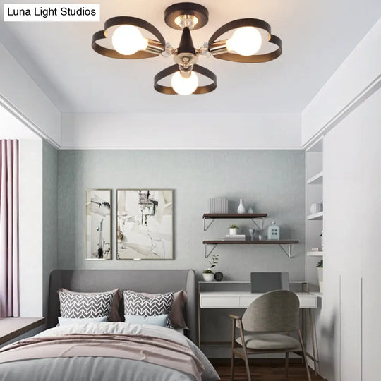 Modern Black Semi Flush Mount Ceiling Lamp With Heart Shade Crystal Ball - 3/6 Heads