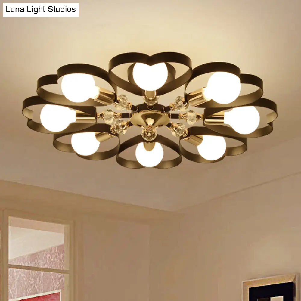 Modern Black Semi Flush Mount Ceiling Lamp With Heart Shade Crystal Ball - 3/6 Heads