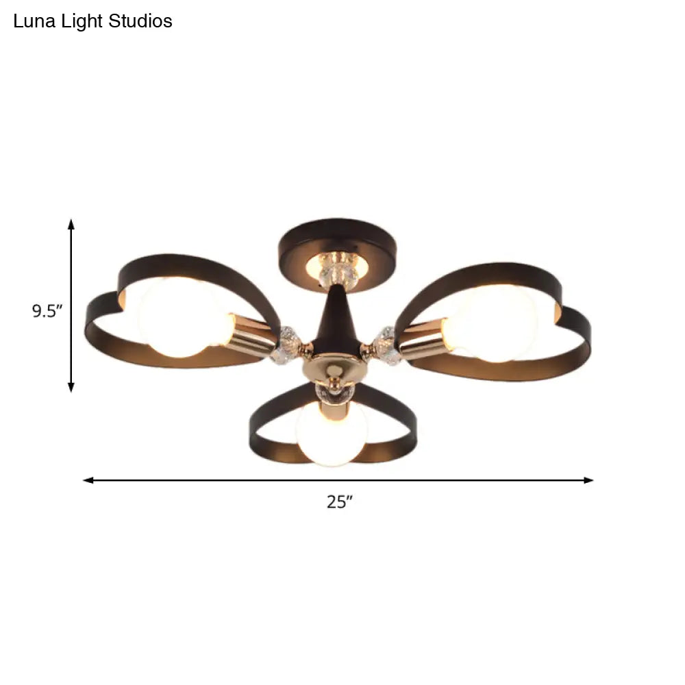 Modern Black Semi Flush Mount Ceiling Lamp With Heart Shade Crystal Ball - 3/6 Heads