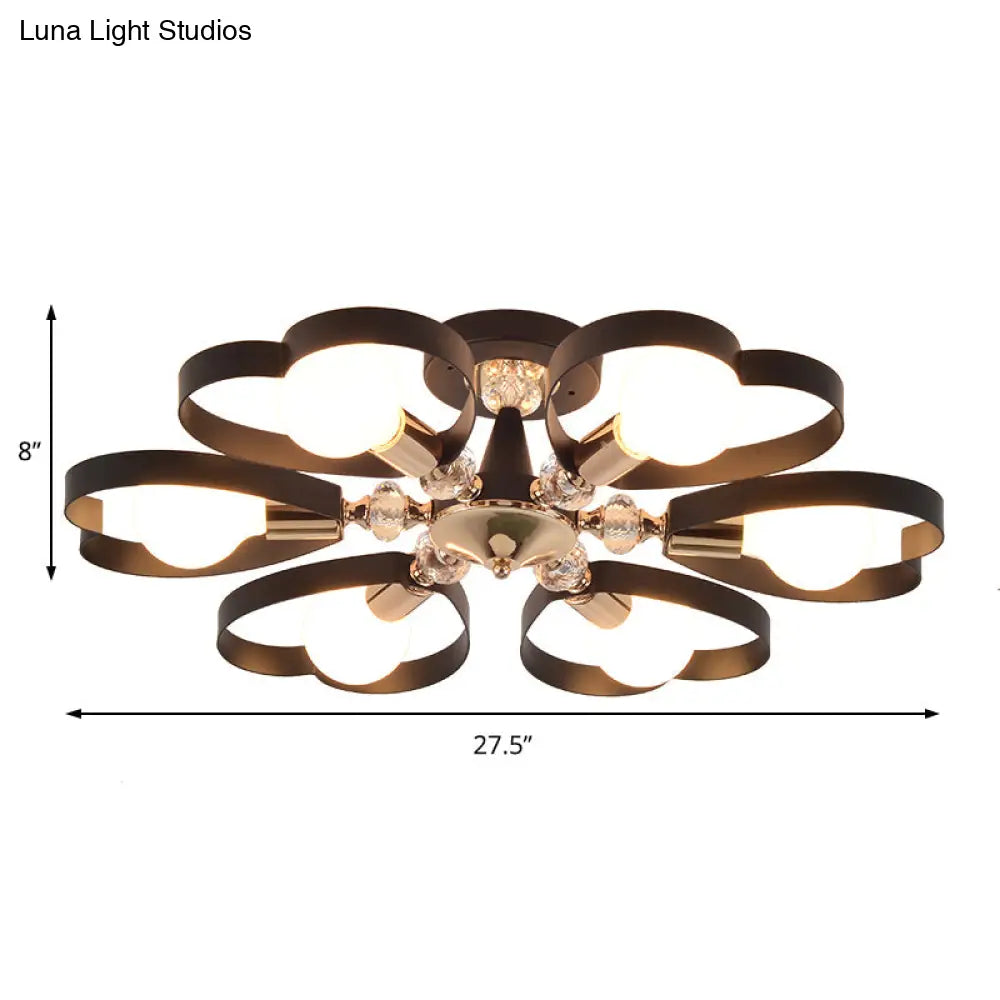 Modern Black Semi Flush Mount Ceiling Lamp With Heart Shade Crystal Ball - 3/6 Heads