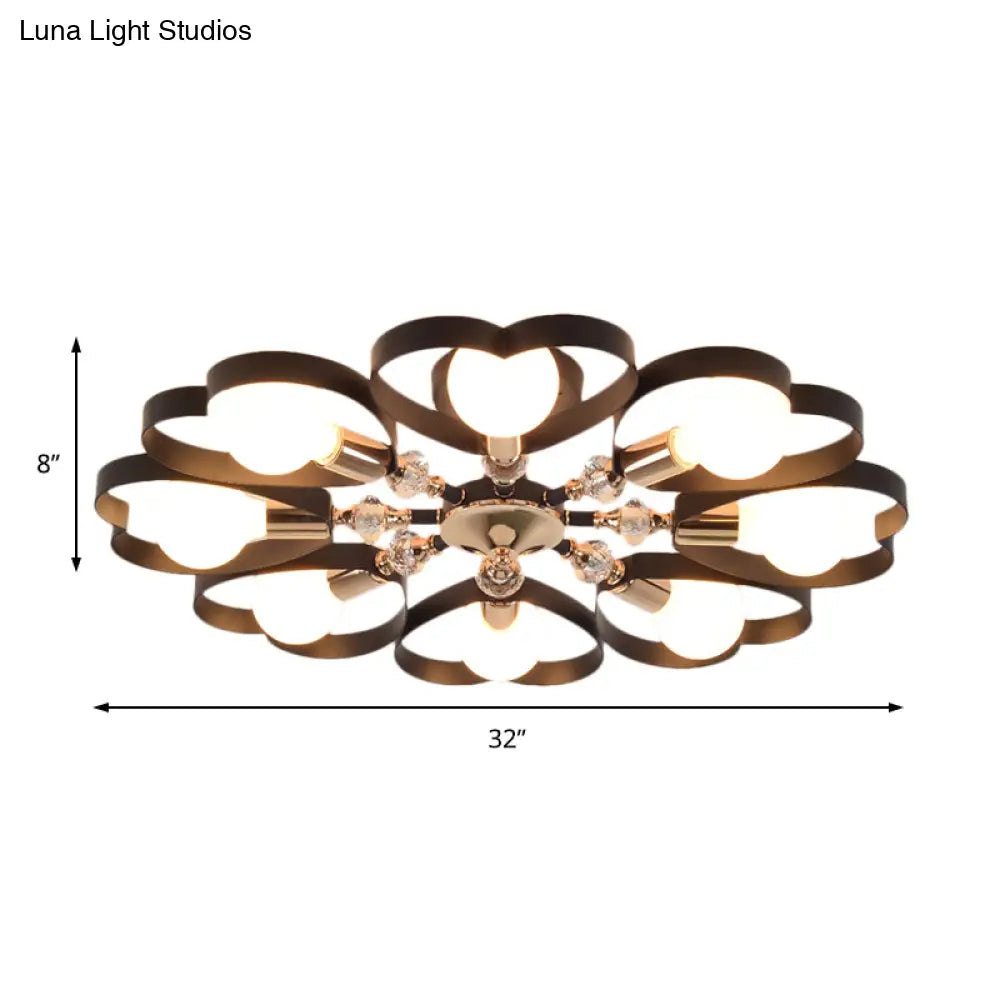 Modern Black Semi Flush Mount Ceiling Lamp With Heart Shade Crystal Ball - 3/6 Heads