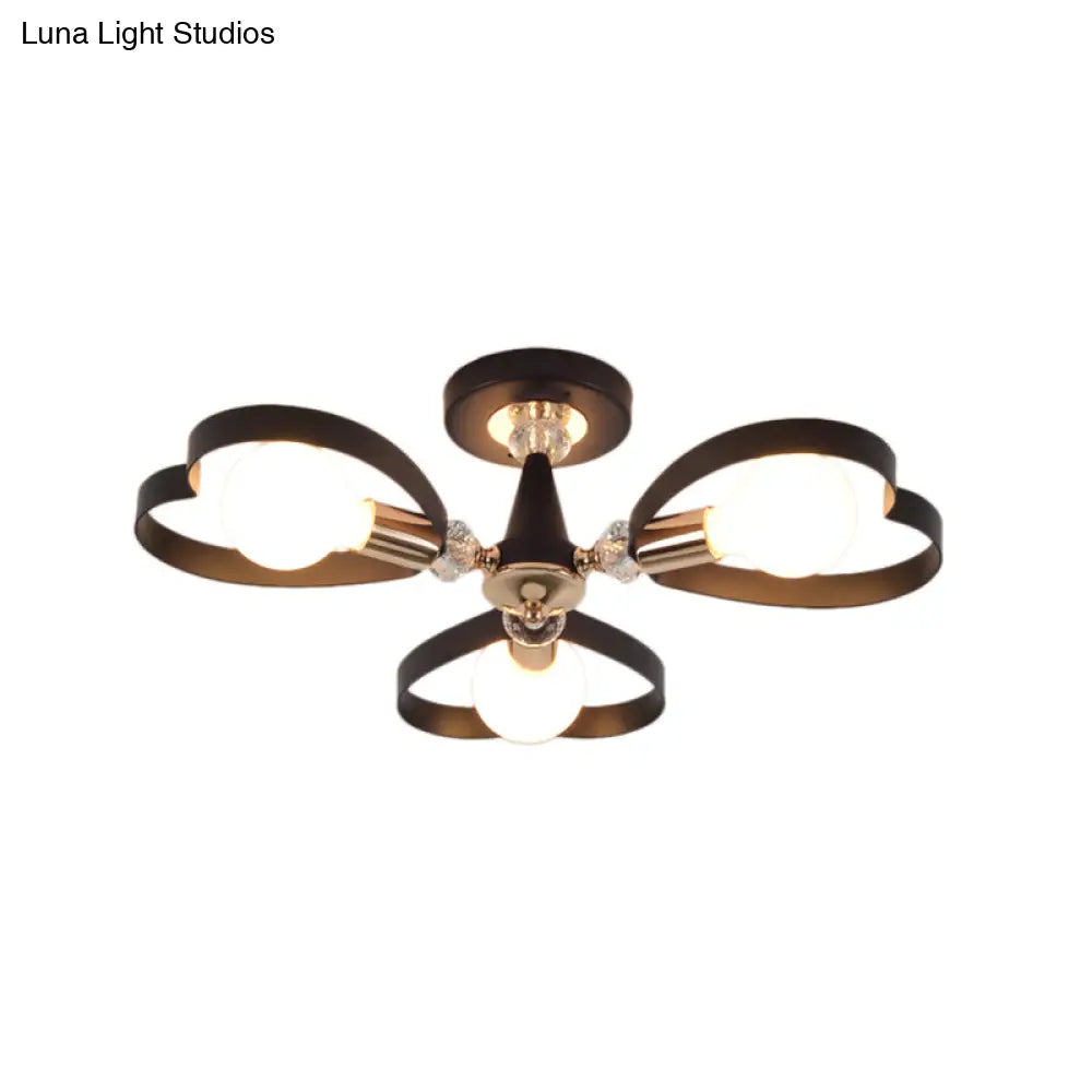 Modern Black Semi Flush Mount Ceiling Lamp With Heart Shade Crystal Ball - 3/6 Heads