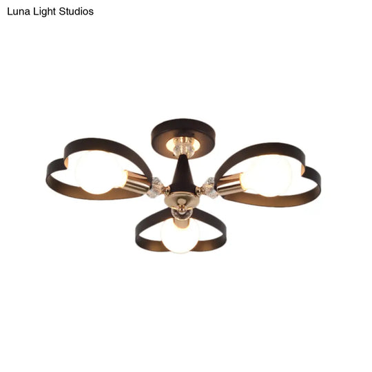 Modern Black Semi Flush Mount Ceiling Lamp With Heart Shade Crystal Ball - 3/6 Heads