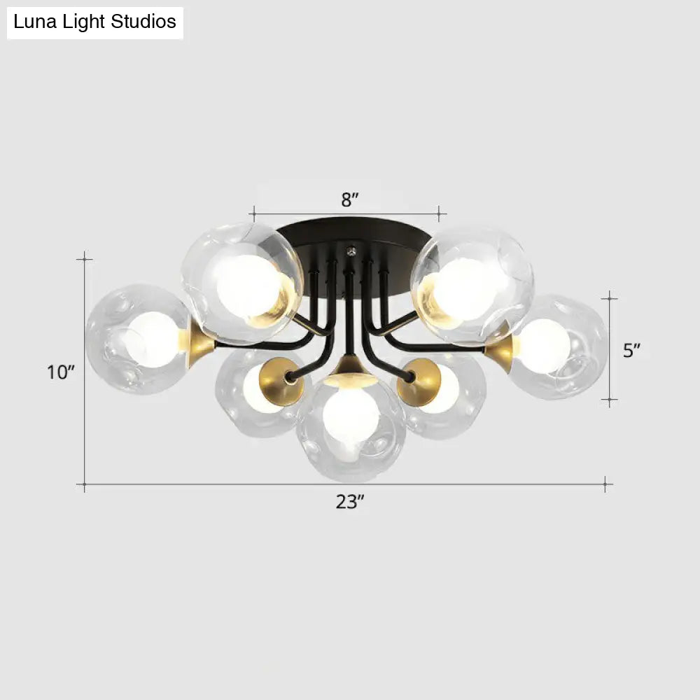 Modern Black Semi - Flush Mount Ceiling Light With Clear And Frosted White Glass Ball - Ideal For