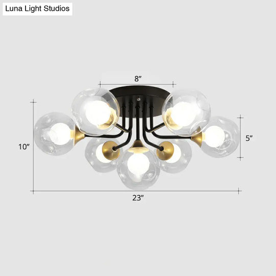 Modern Black Semi - Flush Mount Ceiling Light With Clear And Frosted White Glass Ball - Ideal For