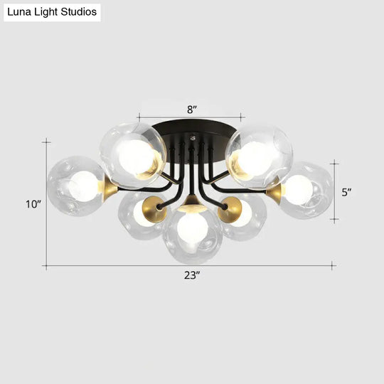 Modern Black Semi-Flush Mount Ceiling Light With Clear And Frosted White Glass Ball - Ideal For