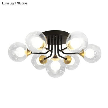 Modern Black Semi - Flush Mount Ceiling Light With Clear And Frosted White Glass Ball - Ideal For