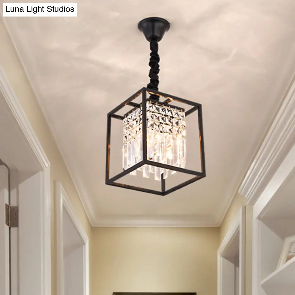 Modern Black Square Crystal Rod Pendant Chandelier With 2 Heads - Ideal For Corridors