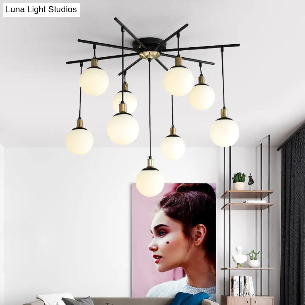 Contemporary Black Starburst Chandelier - Opal Glass Hanging Lamp For Bedroom (4/7/9 Light Options)