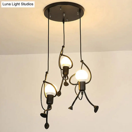 Modern Black Stick Figure Ceiling Light - 3-Bulb Metal Hanging Fixture