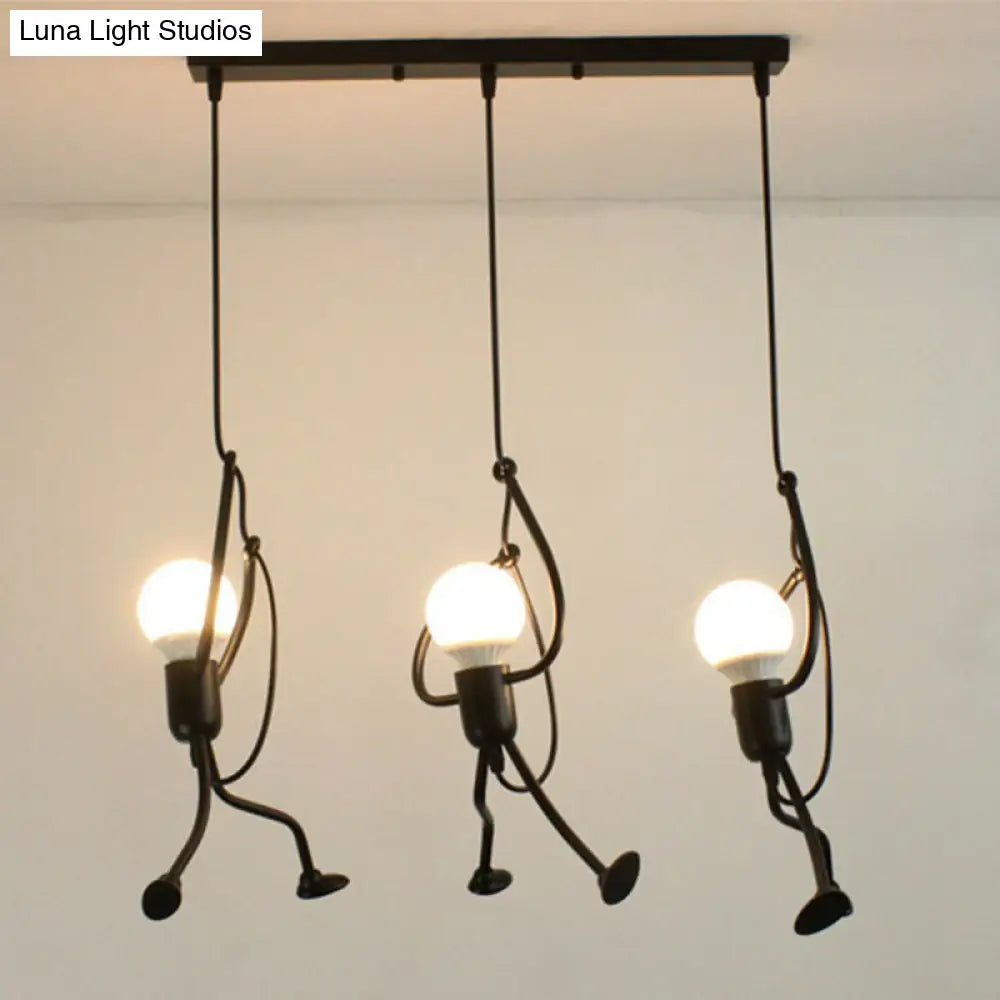 Modern Black Stick Figure Ceiling Light - 3-Bulb Metal Hanging Fixture / Linear