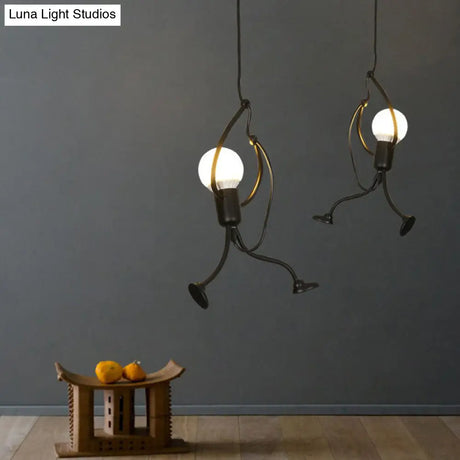 Modern Black Stickman Pendant Light Kit - Small Artistic Hanging Lamp With 1-Light Metal Ceiling