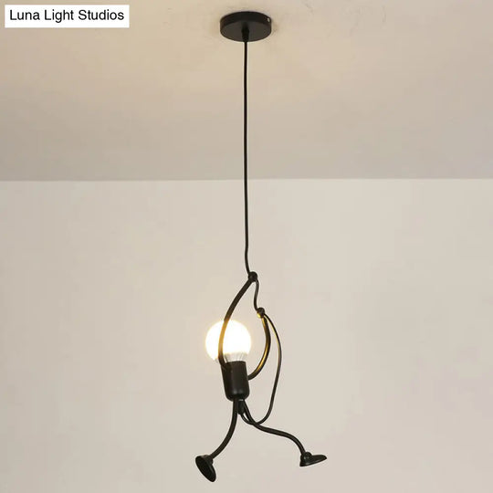 Modern Black Stickman Pendant Light Kit - Small Artistic Hanging Lamp With 1-Light Metal Ceiling
