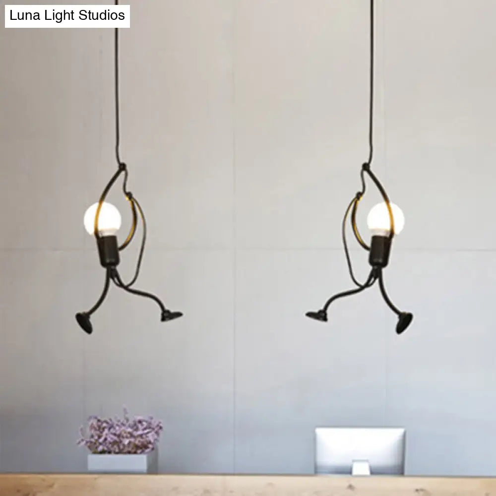 Modern Black Stickman Pendant Light Kit - Small Artistic Hanging Lamp With 1-Light Metal Ceiling